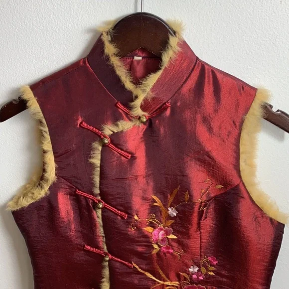 Antique Floral Embroidered Burgundy Silk Vest with Golden Fur Trim, frog toggles - Picture 1 of 12